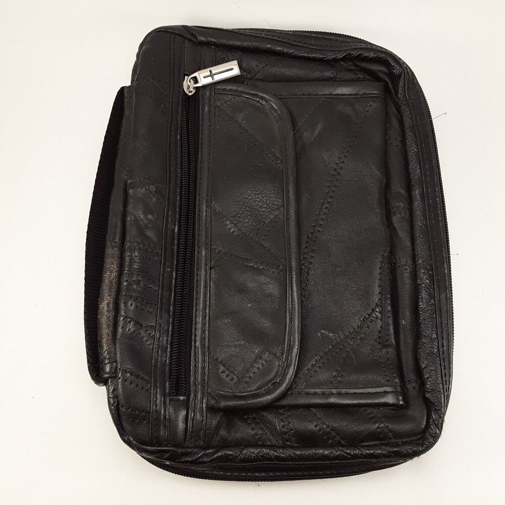 Vintage Black Patchwork Leather Bible Cover, Carrying Case, study scriptures zip